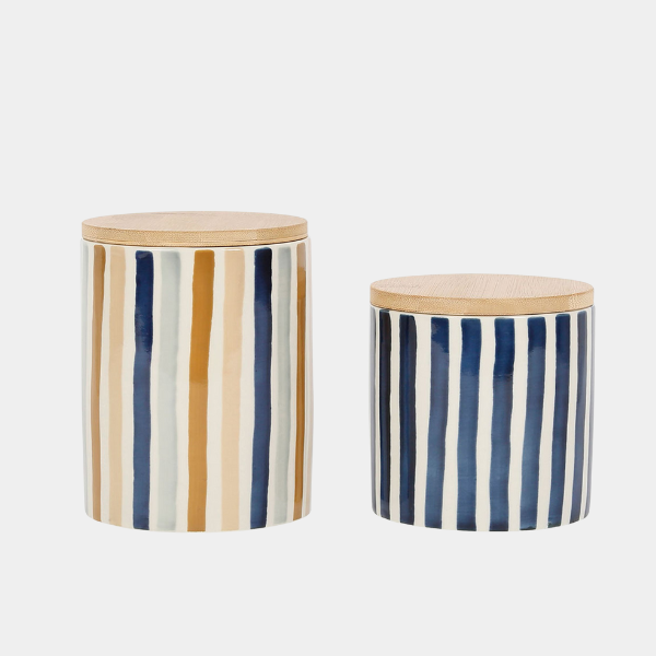 Pot x2 avec couvercle en bambou rayé bleu et beige en grès